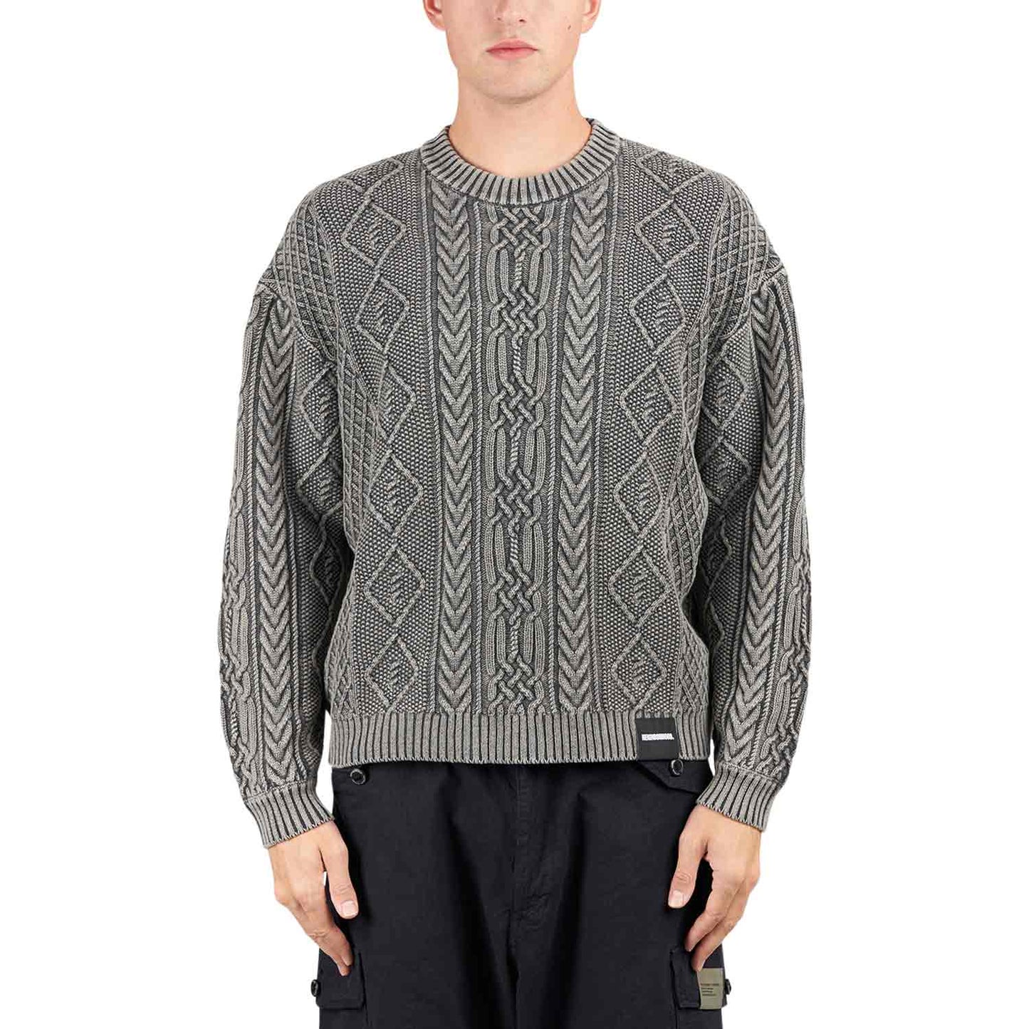 Neighborhood Washed Crewneck Cable Sweater (Schwarz) - Allike Store