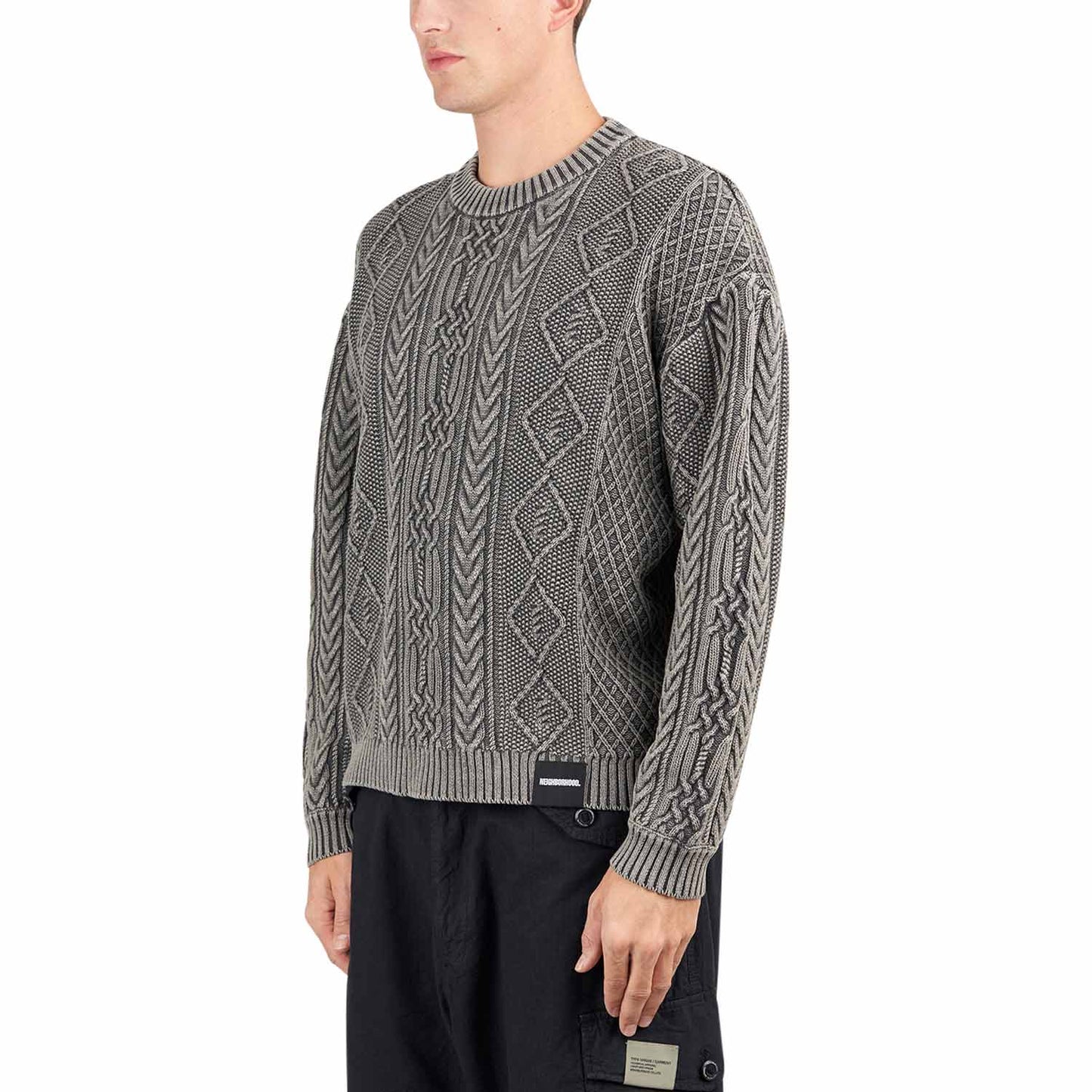 Neighborhood Washed Crewneck Cable Sweater (Schwarz) - Allike Store