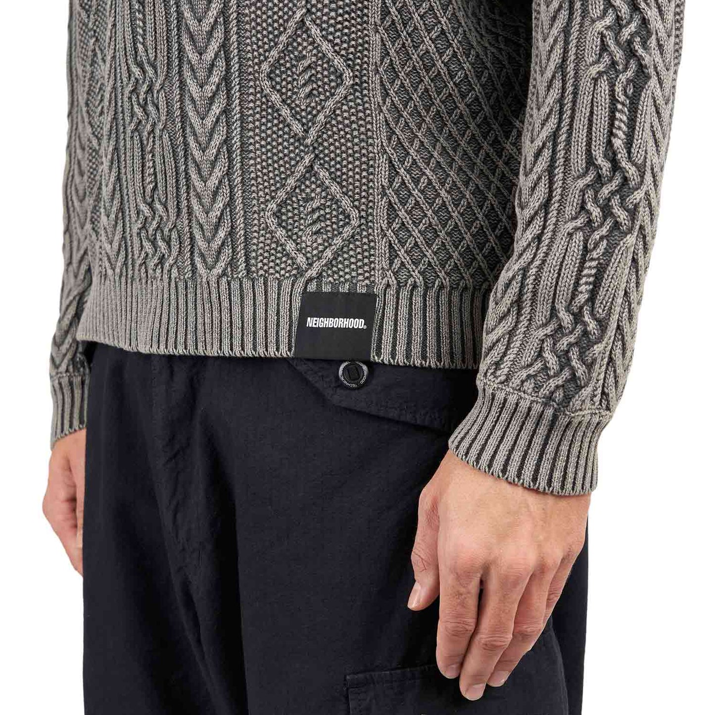 Neighborhood Washed Crewneck Cable Sweater (Schwarz) - Allike Store
