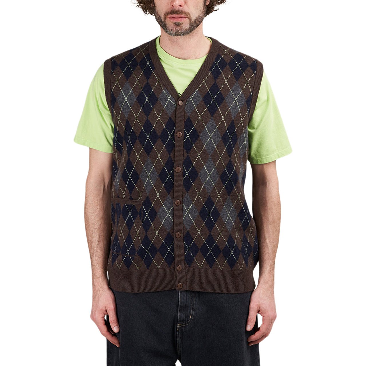 Pop Trading Company Knitted Cardigan Vest (Navy / Braun / Grau) - Allike Store