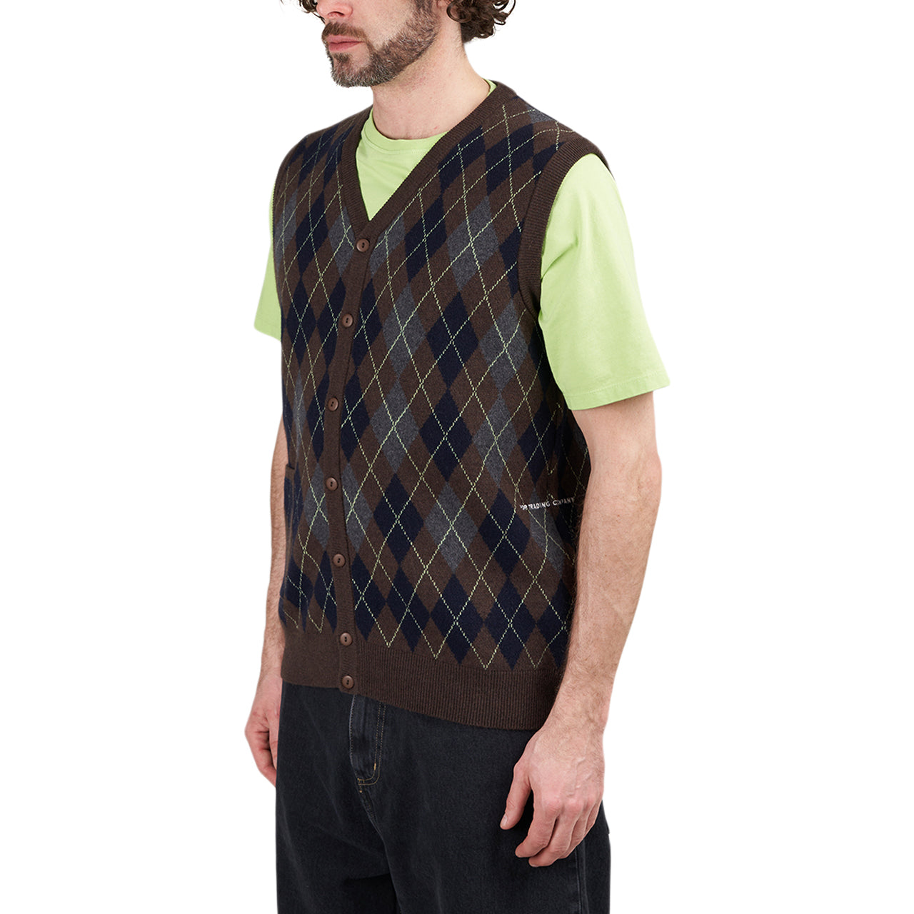 Pop Trading Company Knitted Cardigan Vest (Navy / Brown / Grey)