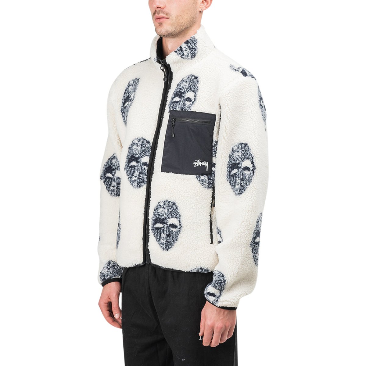 Stüssy Mask Jacquard Sherpa Jacket (White / Black)