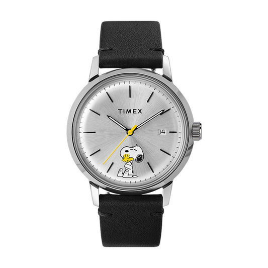 Timex Archive Marlin Automatic x Peanuts Snoopy and Woodstock 40mm Leather Strap (Silber / Schwarz)  - Allike Store