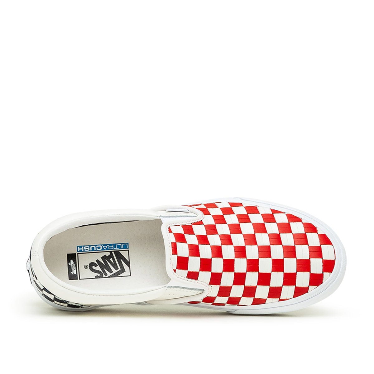 Vans red and white hotsell slip on