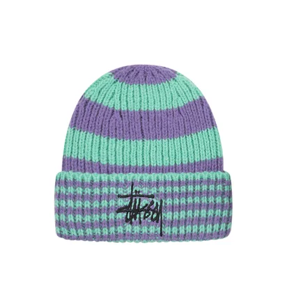 Stüssy Striped Big Basic Beanie (Grün / Lila)