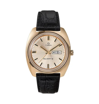 Timex Archive Q Timex 1975 Reissue Day-Date 38mm Leather Strap (Gold / Schwarz)